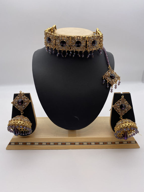 Choker Set Aubergine Purple Stones, Crystal Beads and Adjustable Necklace with Tikka and Jhumki Earrings