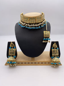 Amritsari Choker Set Immitation Gold Polish Base with sky blue ferozi beads, Square shaped with Tikka and Jhumki Earrings