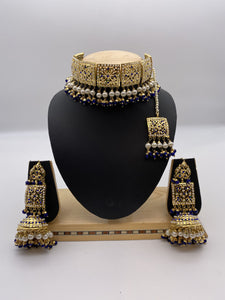 Amritsari Choker Set Immitation Gold Polish Base with Navy Blue beads, Square shaped with Tikka and Jhumki Earrings