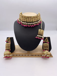 Amritsari Choker Set Immitation Gold Polish Base with Barbie Pink Beads, Square shaped with Tikka and Jhumki Earrings