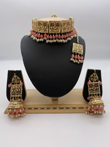 Amritsari Choker Set Immitation Gold Polish Base with Peachy Pink Beads, Square shaped with Tikka and Jhumki Earrings