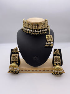 Amritsari Choker Set Immitation Gold Polish Base with Off-White Pearls and Black Bead - Square shaped with Tikka and Jhumki Earrings