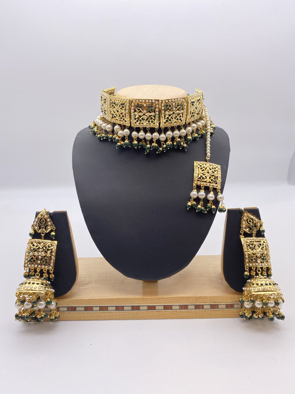 Amritsari Choker Set Immitation Gold Polish Base with Deep Emerald Green Beads, Square shaped with Tikka and Jhumki Earrings