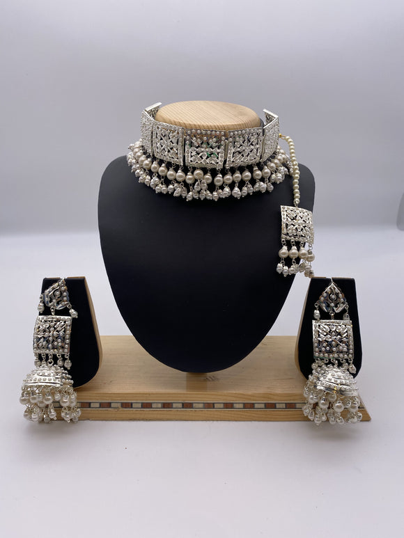 Amritsari Choker Set Immitation Silver Polish Base with White Pearls, Square shaped with Tikka and Jhumki Earrings