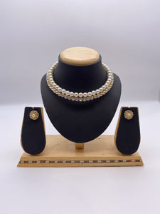 Simple Choker for Adults and Kids, Gold Base, Off-White Pearls and Silver Stones with Small Stud Earrings