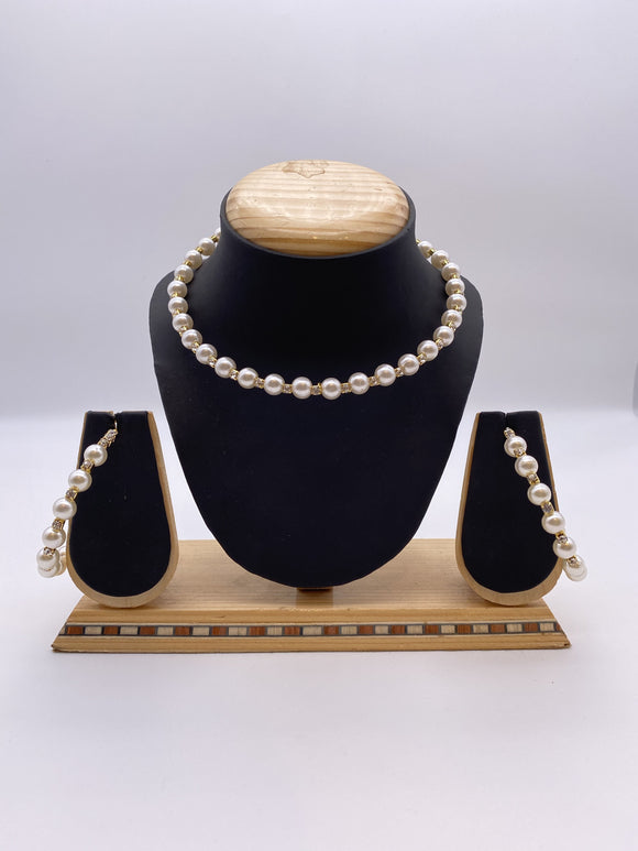Simple Choker for Adults and Kids, Off-White Pearls and Silver Stones with Hoop Earrings