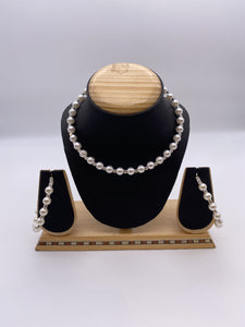 Simple Choker for Adults and Kids, White Pearls and Silver Stones with Hoop Earrings