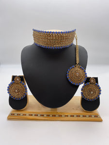 Royal Blue Beads Adjustable Choker Necklace with Round Earrings and Tikka
