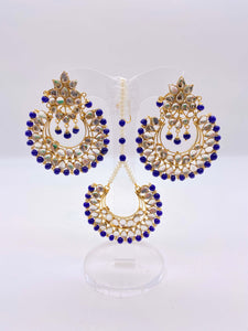 Earring Tikka Set - Royal Blue Beads with Off-White Pearls in Bright Gold Base