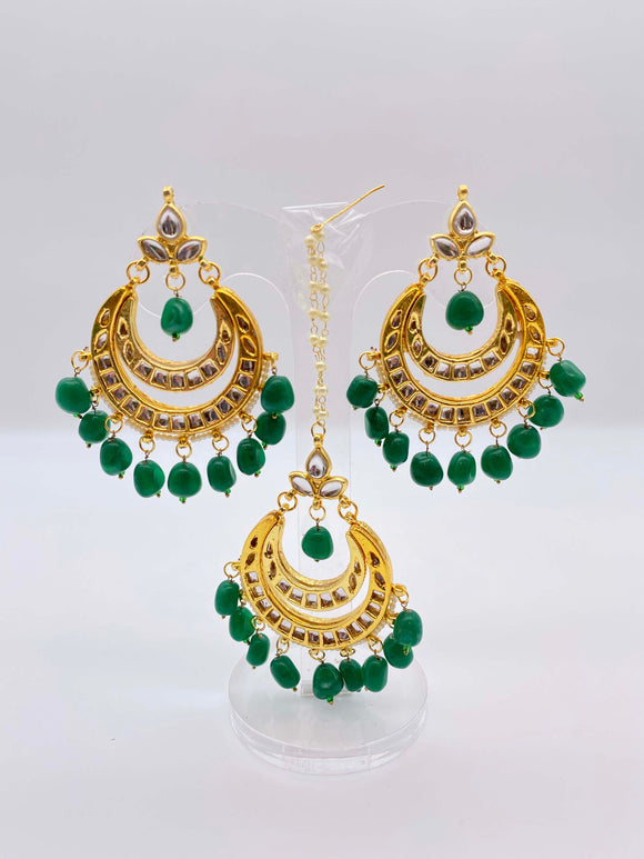 Earring Tikka Set - Tree Green Beads In Kundan Style and Bright Gold Base