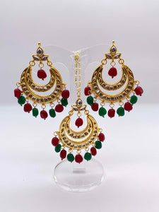 Earring Tikka Set - Tree Green and Ruby Red Beads in Kundan Style