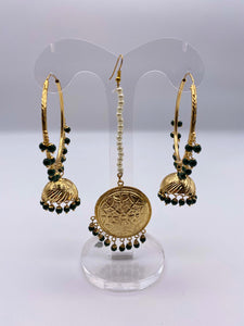 Earring Tikka Set - Black Beads with White Pearls and Hoop Earrings