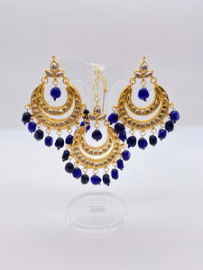 Earring Tikka Set - Royal & Navy Blue Beads in Bright Gold Base