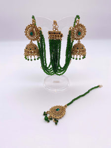 Earring Tikka Set - Tree Green Rhinestones and Crystal Beads