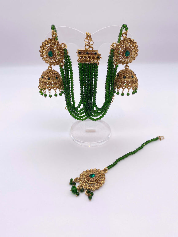 Earring Tikka Set - Tree Green Rhinestones and Crystal Beads