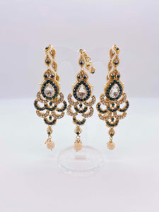 Earring Tikka Set - Emerald Green Rhinestones with Off-White Pearls