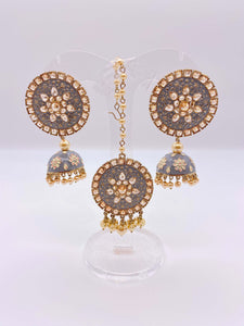 Earring Tikka Set - Pastle Green Meenakari with Hot Pink and Vanilla Cream Ivory Crystals