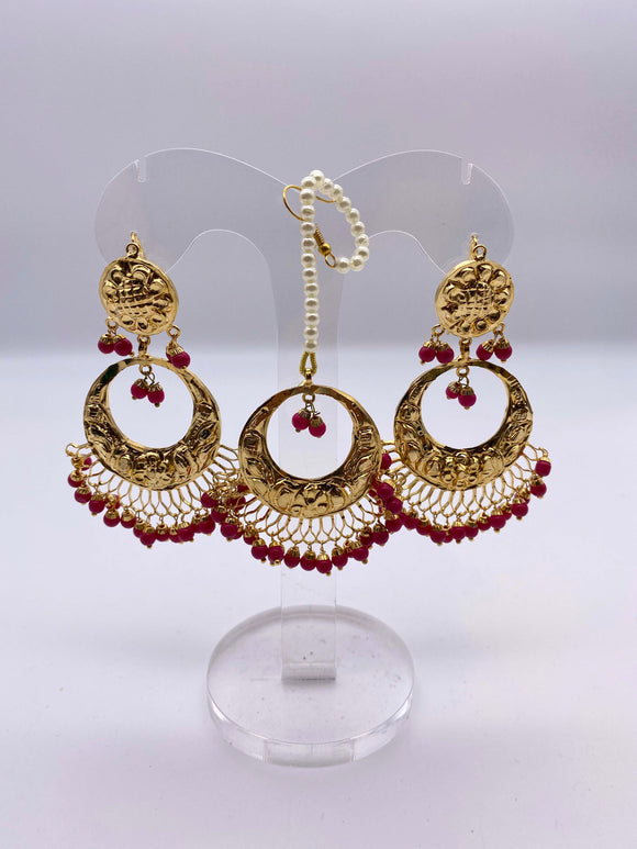 Earring Tikka Set - Cherry Beads with White Pearls in Gold Base