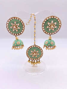 Earring Tikka Set - Mint Green Meenakari and Gold Base