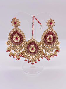 Earring Tikka Set - Ruby Red Meenakari Engraving in Gold