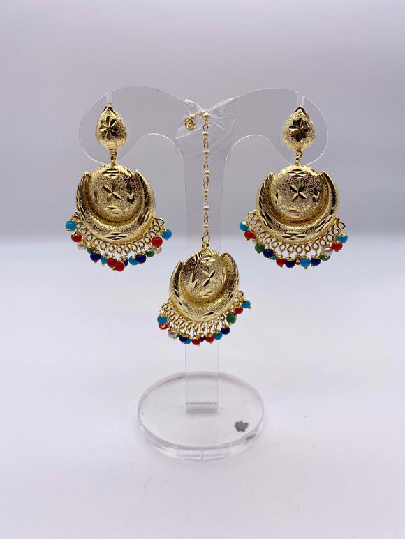 Earring Tikka Set - Multicoloured Beads and White Pearls