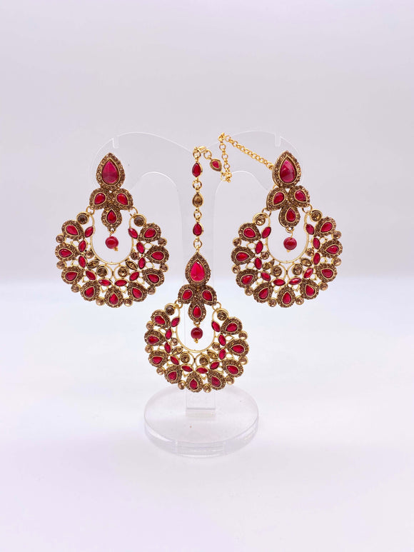 Earring Tikka Set - Ruby Pink Rhinestones and in Gold Base