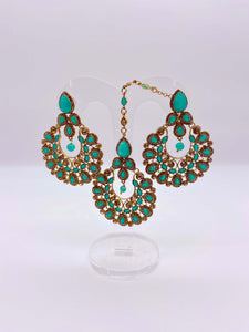 Earring Tikka Set - Turquoise Green Rhinestones in Gold Base