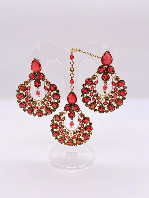 Earring Tikka Set - Strawberry Pink Rhinestones in Gold Base
