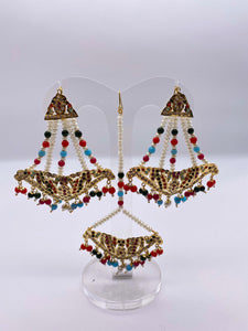 Earring Tikka Set - Multicoloured Beads and White Pearls