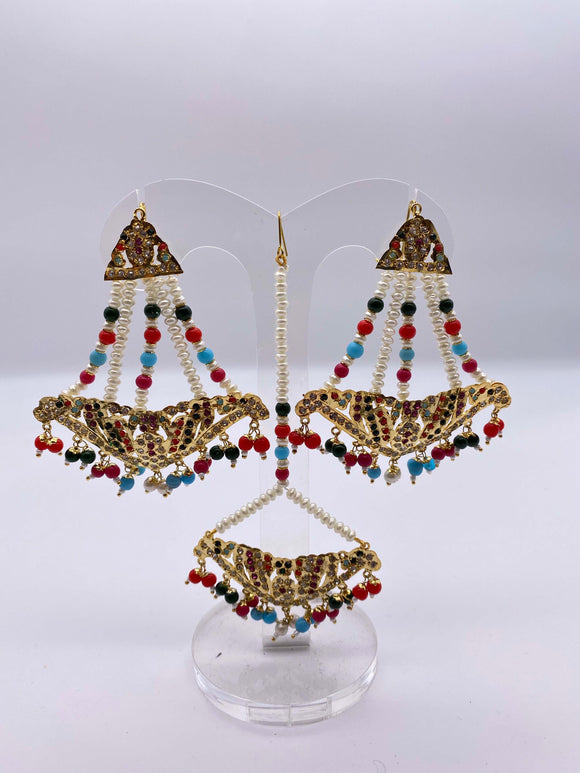 Earring Tikka Set - Multicoloured Beads and White Pearls