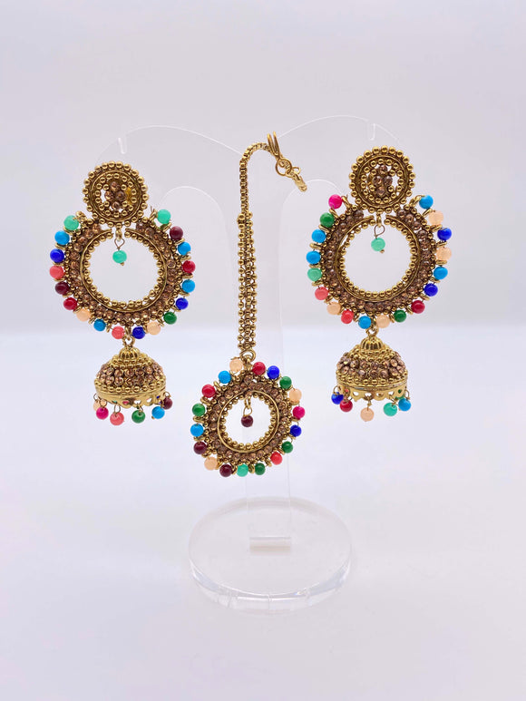 Earring Tikka Set - Multicoloured Beads in Gold Base