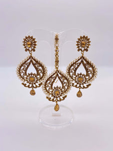 Earring Tikka Set - Gold Rhinestones and White Pearls in Lotus Leaf Shaped Earrings