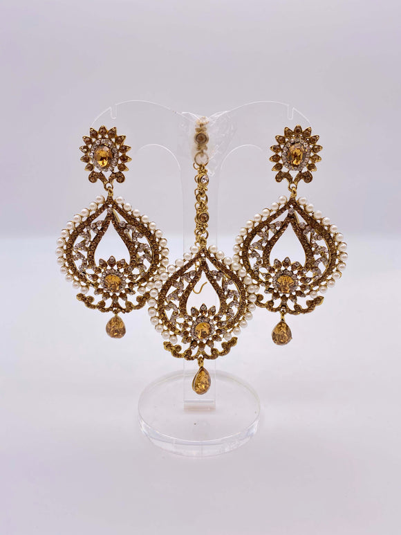 Earring Tikka Set - Gold Rhinestones and White Pearls in Lotus Leaf Shaped Earrings