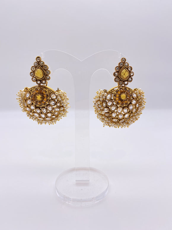 Gemstone Earrings - Yellow Rhinestones with Off-White Pearls