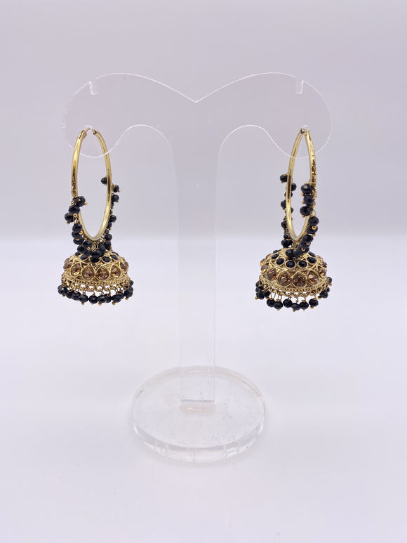 Gemstone Earrings - Black Beads Hoops with Jhumka
