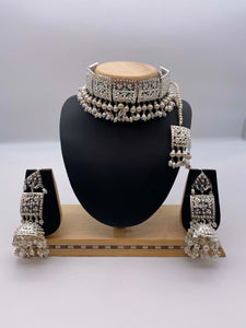 White Pearls Amritsari Silver Plated Choker Necklace with Tikka and Earrings