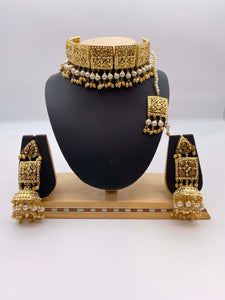 Amritsari Style Gold Plated Choker Necklace with Square Tikka and Jhumki Earrings