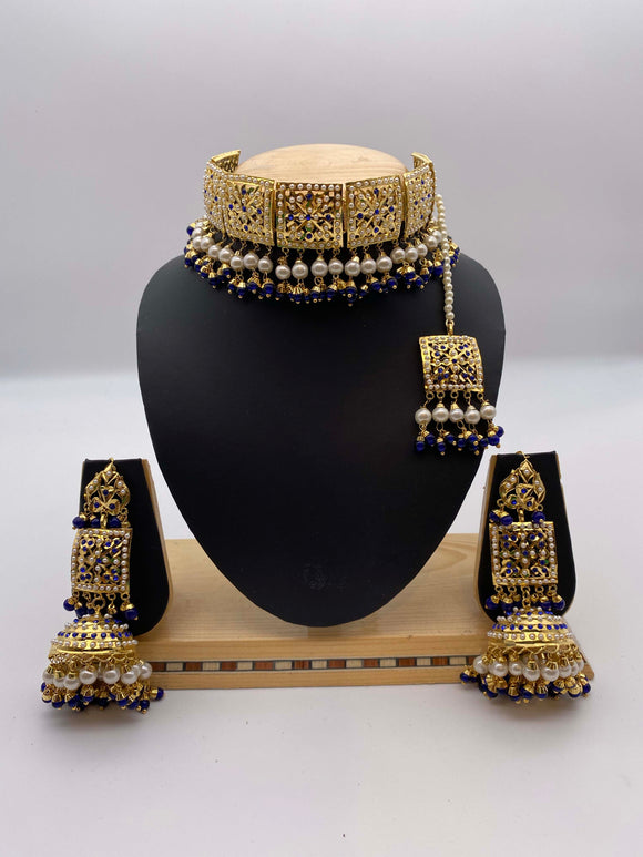 White Pearls & Navy Blues Rhinestones Amritsari Gold Plated Necklace