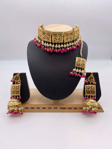 Hot Barbie Pink Rhinestones & White Pearls Amritsari Gold Plated Choker Necklace with Jhumki Earrings and Tikka