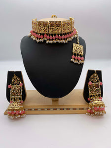 Strawberry-Pink Rhinestones & White Pearls Amritsari Choker Necklace with Tikka and Earrings