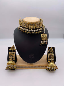 Black Rhinestone & White Pearls Amritsari Choker Necklace with Tikka and Earrings