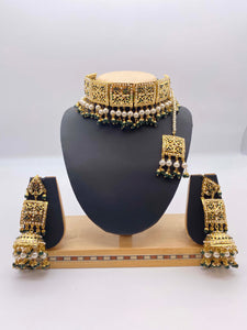 Emerald Green Rhinestones & White Pearls Amritsari Choker Necklace with Tikka and Earrings