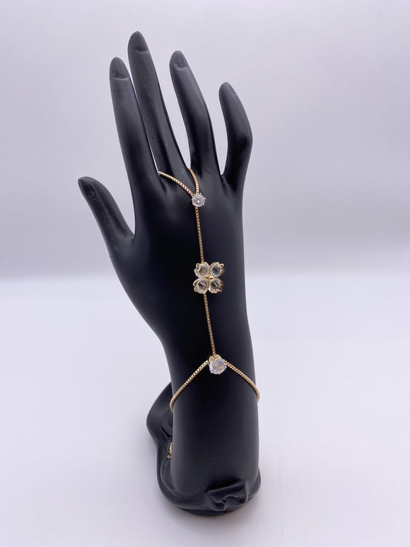 Handpiece with Gold Chain and Silver Gem Stones 4 Petal Flowers