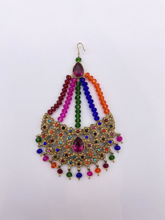 Multicoloured Rhinestones Jhumar with Pink Gem Stone & Crystal Beads