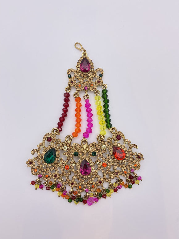 Multicoloured Rhinestones Jhumar withThree Large Gem Stones & Crystal Beads