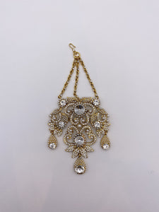 Silver Rhinestones Jhumar with White Pearls in Gold Base