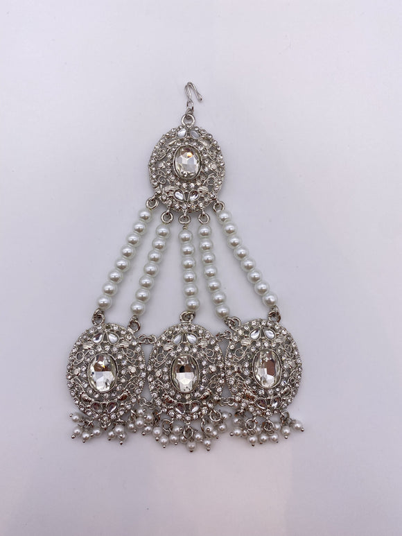 Jhumar in Silver Base & Rhinestones with Cool-White Pearls