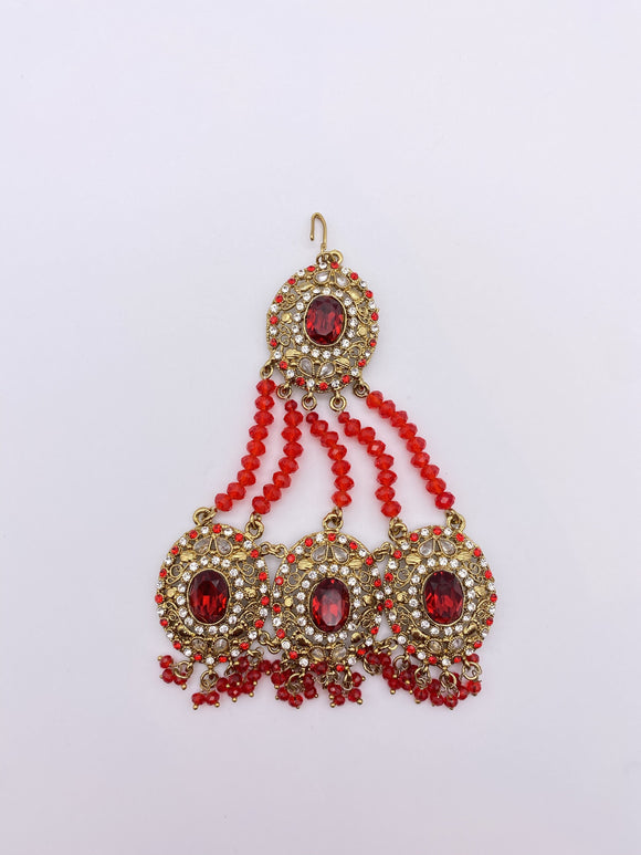 Red Rhinestone Jhumar in Red Crystal Beads
