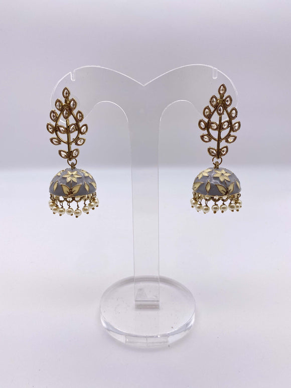 Jhumki Earrings - Antique Gold Base Kundan Stones with Light Grey and Cream Embelishment