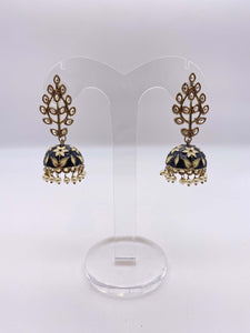 Jhumki Earrings - Black and Cream Embelishment in Kundan Stones